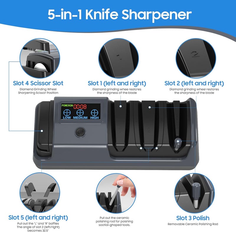 Newise 5-in-1 Electric Knife Sharpener for Kitchen Knives, with 100% Diamond Abrasives, 3 Adjustable Speeds, Quickly Sharpening for Straight/Serrated/Kitchen Knives, Scissors - Image 2